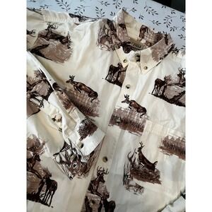 Field Tested Outdoor Life Mens 2XL Ivory Brown Deer Buck Wildlife Print Shirt